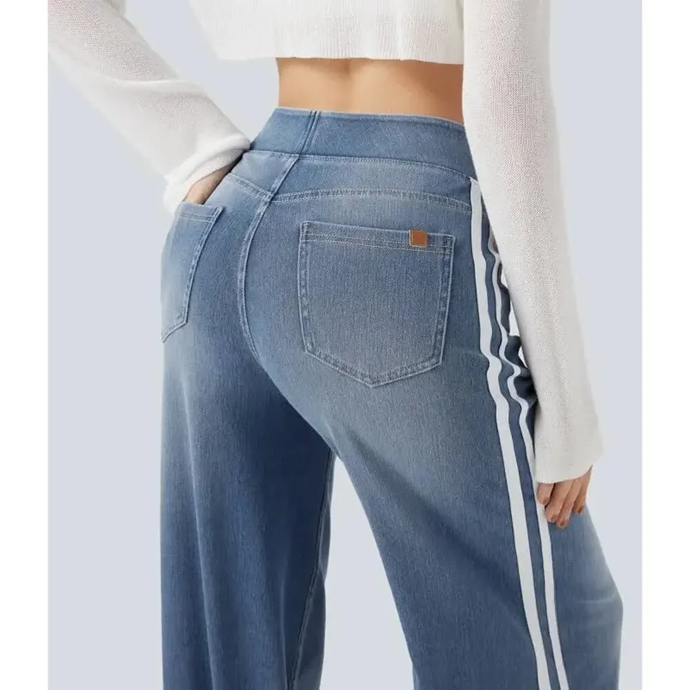 Halara Flex High Waisted Stripe Wide Leg Jeans Light Blue Wash M Regular